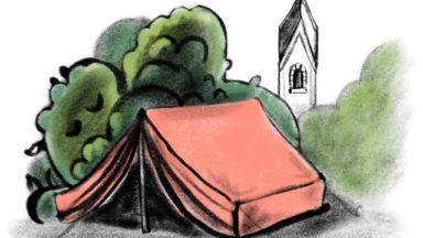 Piirroskuvassa teltta ja kirkko.