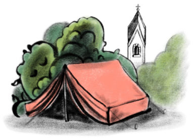 Piirroskuvassa teltta ja kirkko.