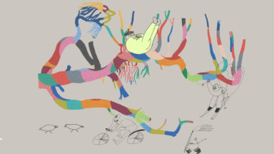 Piirroskuva, jossa hahmo laiskottelee värikkäässä puussa.