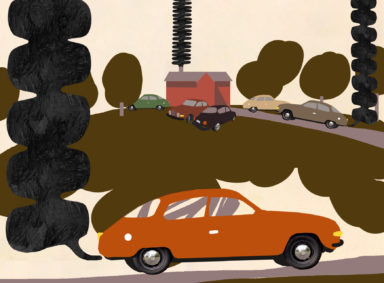 Piirretyssä kuvituskuvassa autoja ajelemassa ympäriinsä ja saastuttamassa.