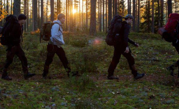 Neljä nuorta kävelee metsässä, aurinko siintää puiden välistä taustalla