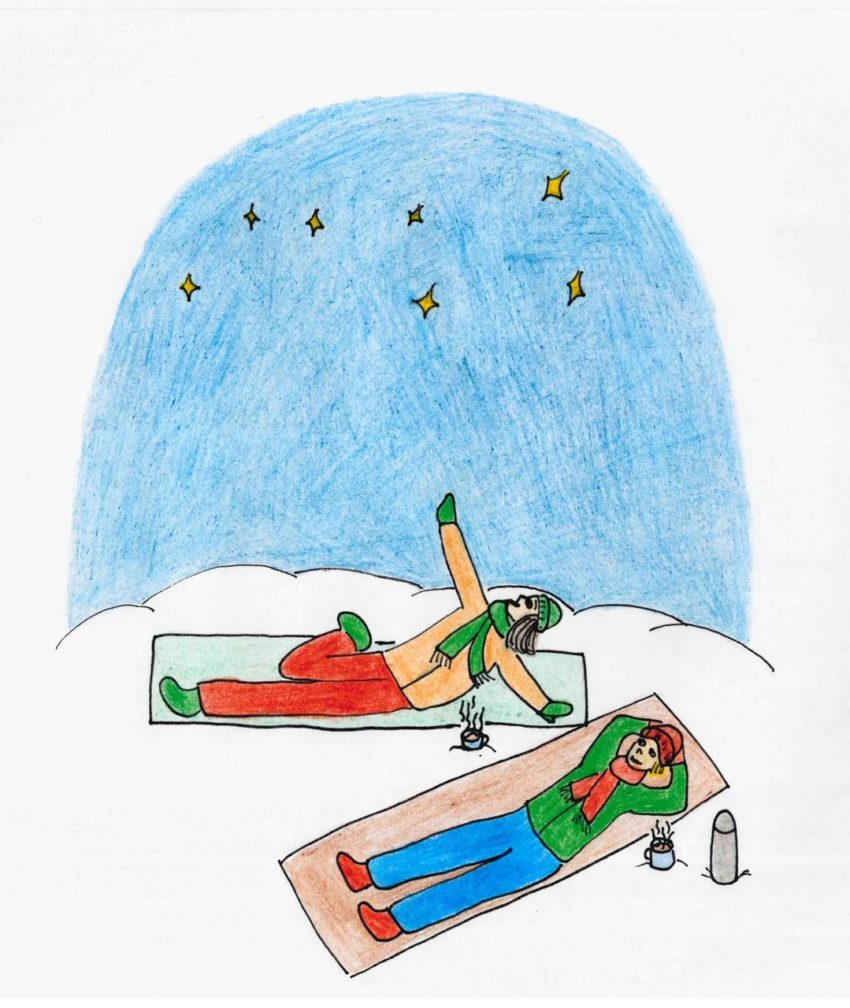 Piirroskuva, jossa ystävät makavaat hangella katsomassa tähtitaivasta