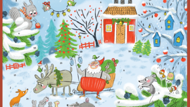 Adventtikalenteri, jossa luminen metsämaisema, joulupukki, poro ja muita eläimiä
