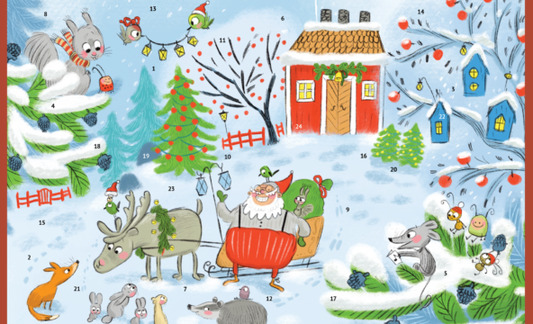Adventtikalenteri, jossa luminen metsämaisema, joulupukki, poro ja muita eläimiä